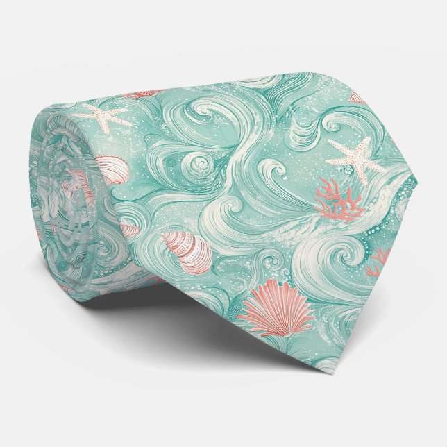 Seashells and Ocean Waves Pattern (3) Tie (Rolled)