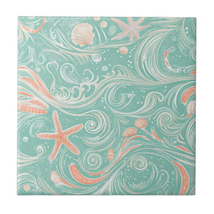 Seashells and Ocean Waves Pattern (4) Ceramic Tile
