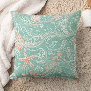 Seashells and Ocean Waves Pattern (4) Cushion