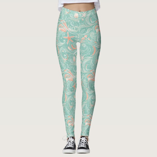 Seashells and Ocean Waves Pattern (4) Leggings (Front)