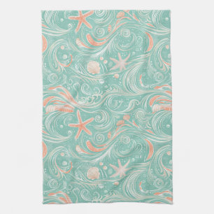 Seashells and Ocean Waves Pattern (4) Tea Towel