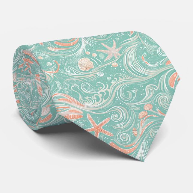 Seashells and Ocean Waves Pattern (4) Tie (Rolled)