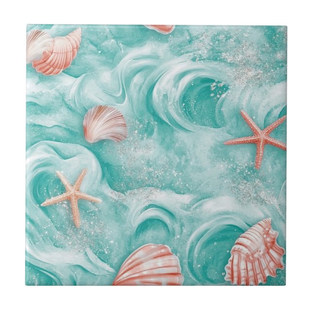 Seashells and Ocean Waves Pattern (5) Ceramic Tile (Front)