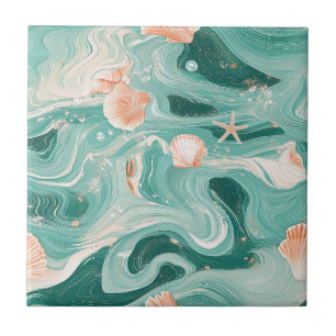 Seashells and Ocean Waves Pattern (6) Ceramic Tile