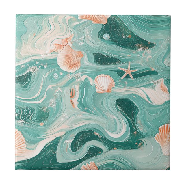 Seashells and Ocean Waves Pattern (6) Ceramic Tile (Front)