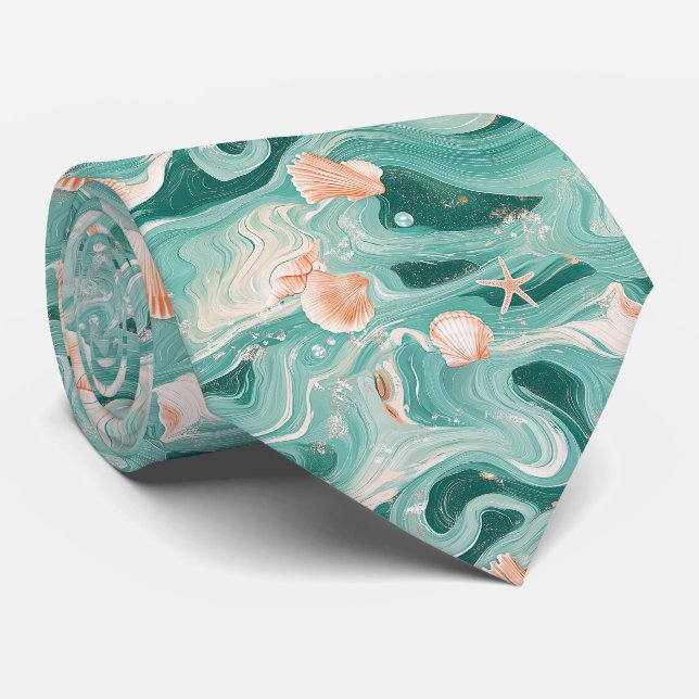 Seashells and Ocean Waves Pattern (6) Tie (Rolled)