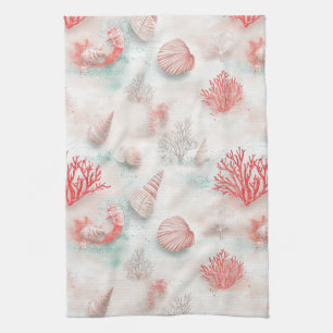 Seashells and Ocean Waves Pattern (7) Tea Towel