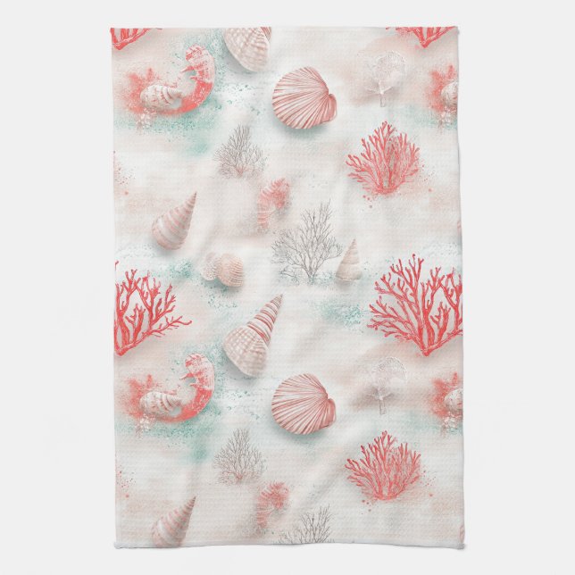 Seashells and Ocean Waves Pattern (7) Tea Towel (Vertical)