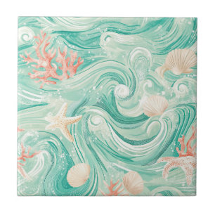Seashells and Ocean Waves Pattern (8) Ceramic Tile
