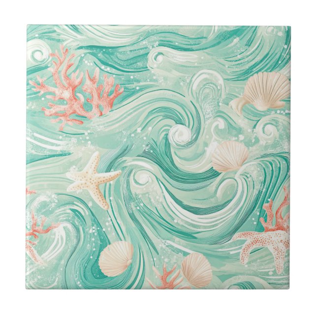 Seashells and Ocean Waves Pattern (8) Ceramic Tile (Front)