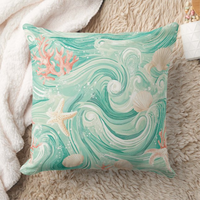Seashells and Ocean Waves Pattern (8) Cushion (Blanket)