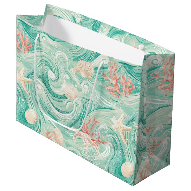 Seashells and Ocean Waves Pattern (8) Large Gift Bag (Front Angled)