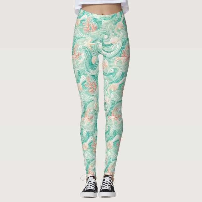 Seashells and Ocean Waves Pattern (8) Leggings (Front)