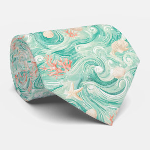 Seashells and Ocean Waves Pattern (8) Tie