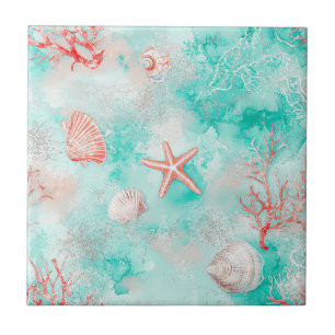 Seashells and Ocean Waves Pattern (9) Ceramic Tile