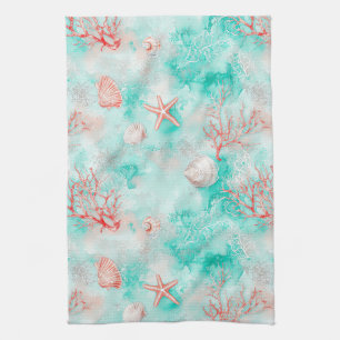 Seashells and Ocean Waves Pattern (9) Tea Towel
