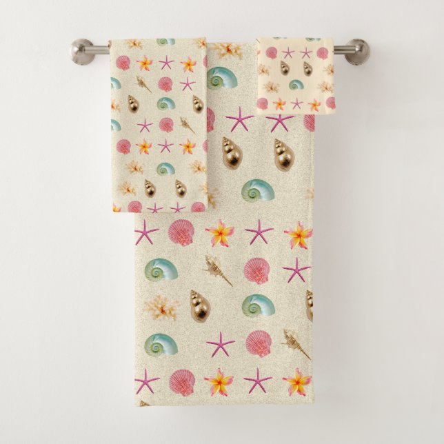 Seashells and Plumeria Bath Towel Set (Insitu)