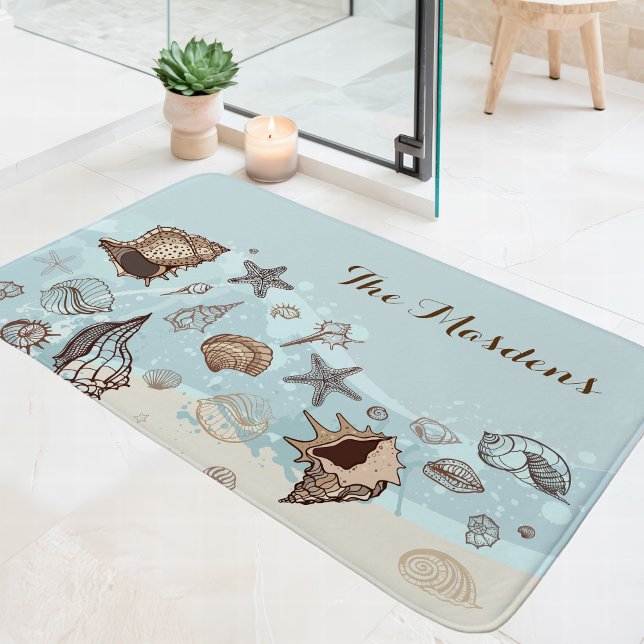 Seashells And Sand Coastal Beach Family Name Bath Mat (Creator Uploaded)