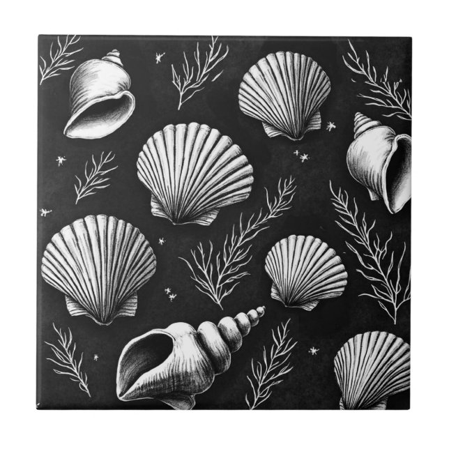 Seashells and Seaweed in Black and White  Ceramic Tile (Front)