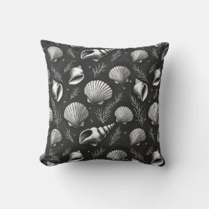 Seashells and Seaweed in Black and White  Cushion