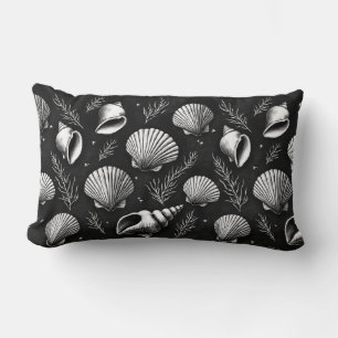 Seashells and Seaweed in Black and White Lumbar Cushion