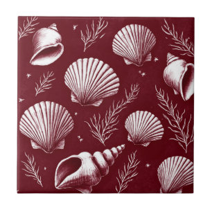 Seashells and Seaweed in Maroon and White  Ceramic Tile