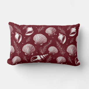 Seashells and Seaweed in Maroon and White Lumbar Cushion