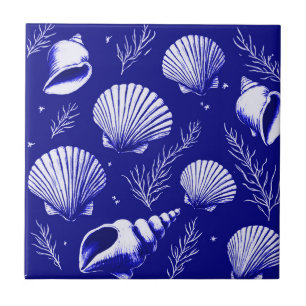 Seashells and Seaweed in Navy Blue and White Ceramic Tile