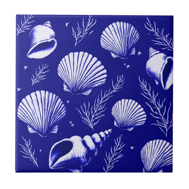 Seashells and Seaweed in Navy Blue and White  Ceramic Tile (Front)