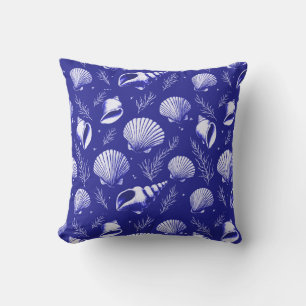 Seashells and Seaweed in Navy Blue and White  Cushion