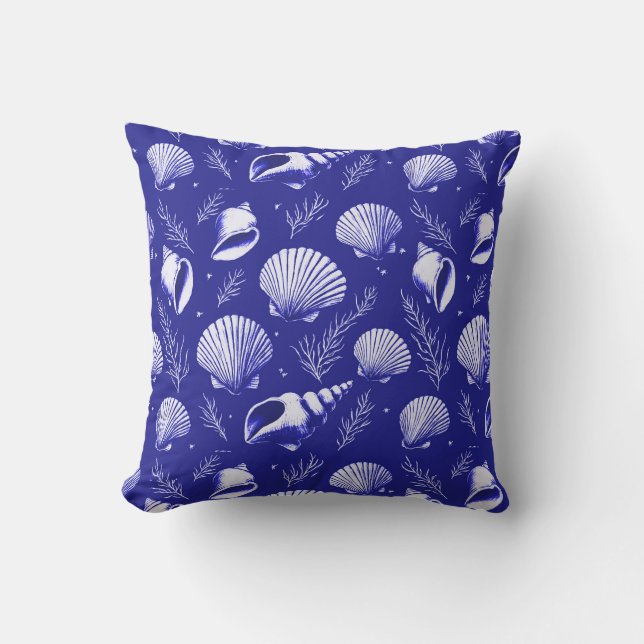 Seashells and Seaweed in Navy Blue and White  Cushion (Front)