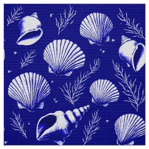 Seashells and Seaweed in Navy Blue and White  Fabric