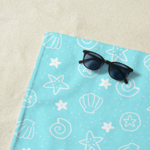 Seashells and Starfish Light Blue Pattern Beach Towel