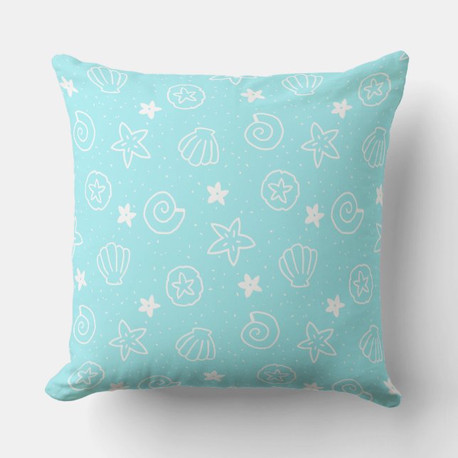 Seashells and Starfish Light Blue Pattern Cushion (Front)