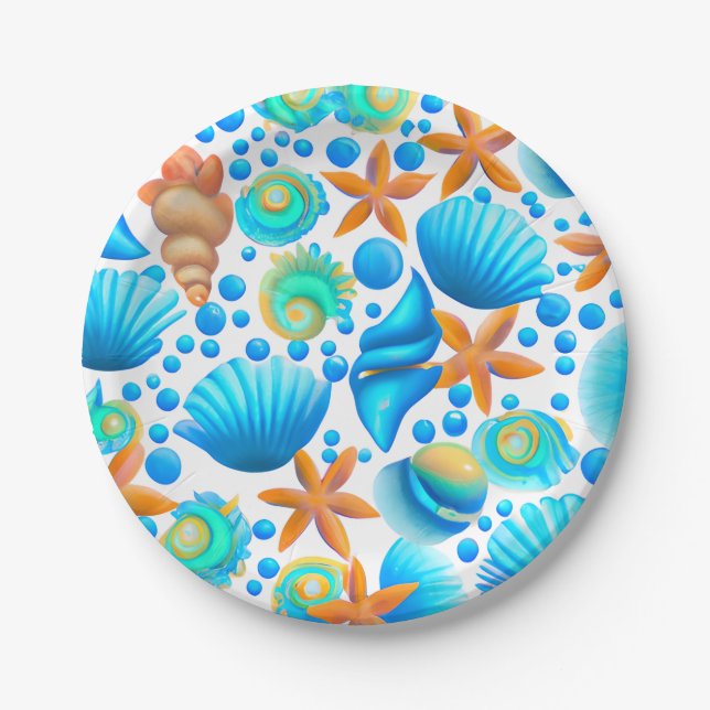 Seashells and Starfish Ocean Pattern  Paper Plate (Front)