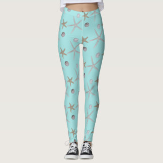 Seashells and starfish on teal leggings