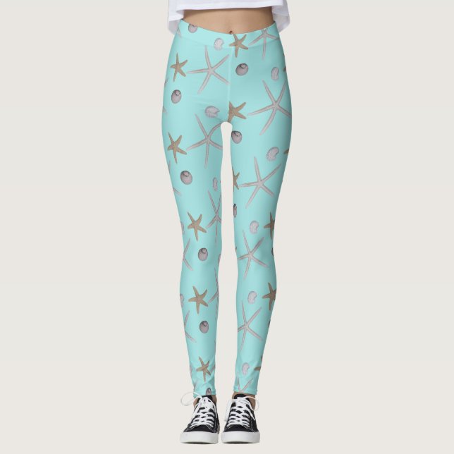 Seashells and starfish on teal leggings (Front)