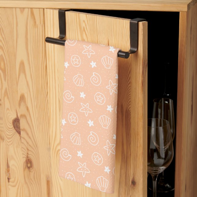 Seashells and Starfish Pastel Peach Pattern Tea Towel (Thirds Fold)