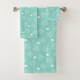 Seashells and Starfish Teal Pattern Bath Towel Set