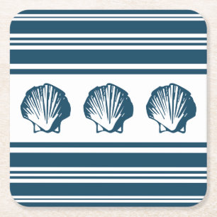 Seashells and stripes square paper coaster