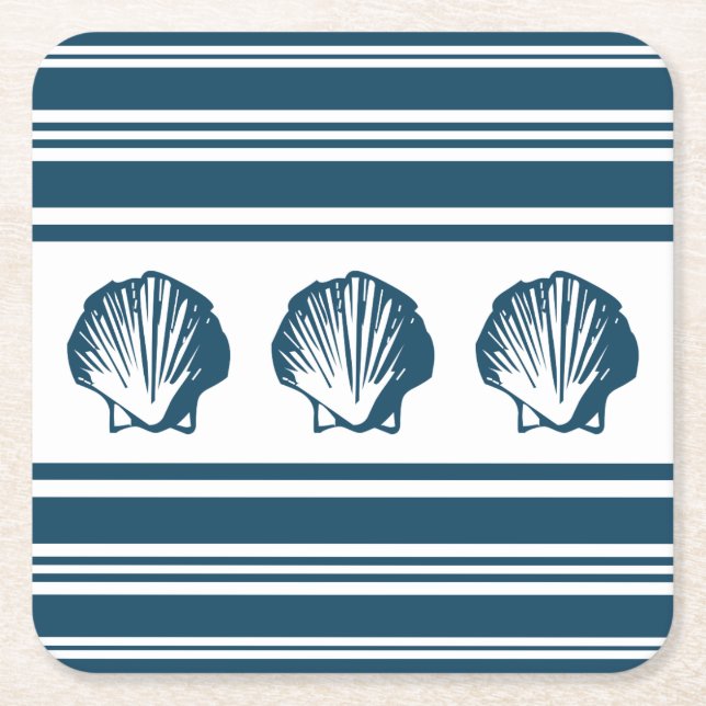 Seashells and stripes square paper coaster (Front)