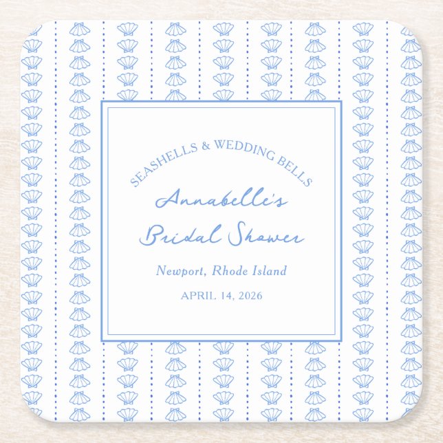Seashells and Wedding Bells Bridal Shower Coastal  Square Paper Coaster (Front)