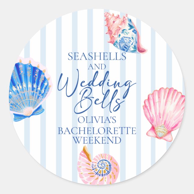 Seashells and Wedding Bells Coastal Bachelorette Classic Round Sticker (Front)