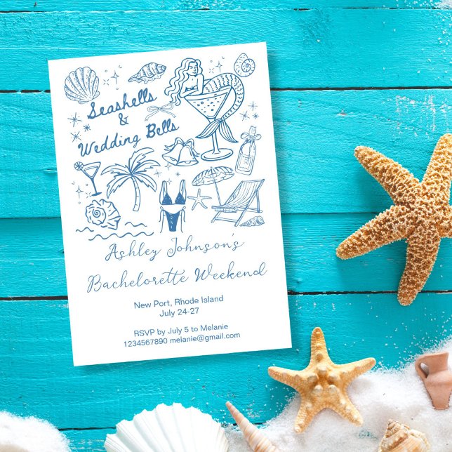 Seashells and wedding bells mermaid Bachelorette Invitation (Seashells and wedding bells mermaid beach seaside Bachelorette weekend Invitation cards template)