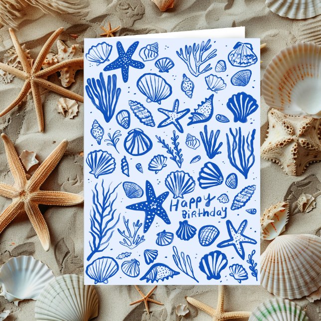 Seashells Beach Shells Ocean Happy Birthday  Card (Seashells Beach Shells Ocean Happy Birthday Card Blue doodle sketch scribbles
)