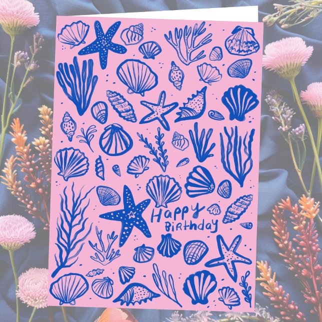 Seashells Beach Shells Ocean Happy Birthday  Card (Seashells Beach Shells Ocean Happy Birthday Card
Pink Blue)