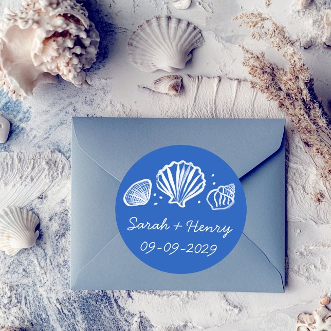 Seashells Beach Wedding Blue White CUSTOM  Classic Round Sticker (Seashells Beach Wedding Blue White CUSTOM Classic Round Sticker
)