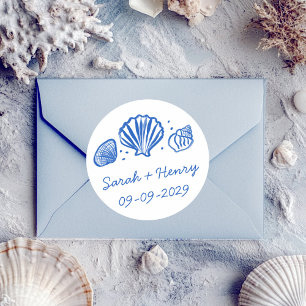 Seashells Beach Wedding Blue White CUSTOM  Classic Round Sticker