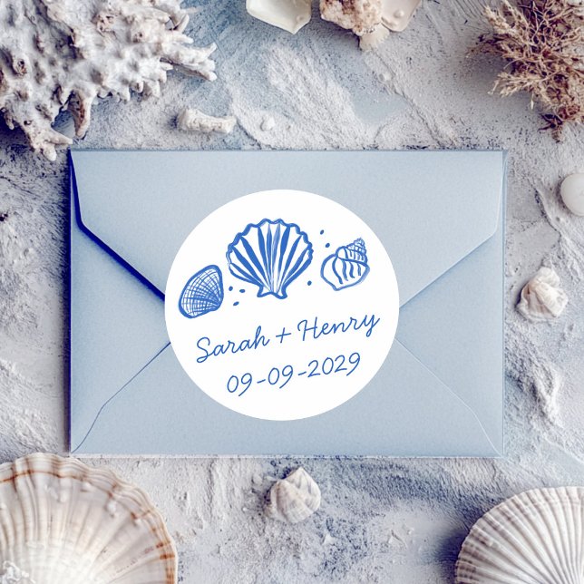 Seashells Beach Wedding Blue White CUSTOM  Classic Round Sticker (Seashells Beach Wedding Blue White CUSTOM Classic Round Sticker
)