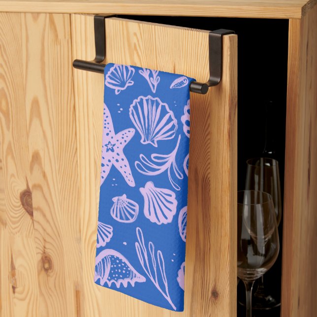 Seashells Blue Lavender Pattern Beach Shells Chic  Tea Towel (Thirds Fold)